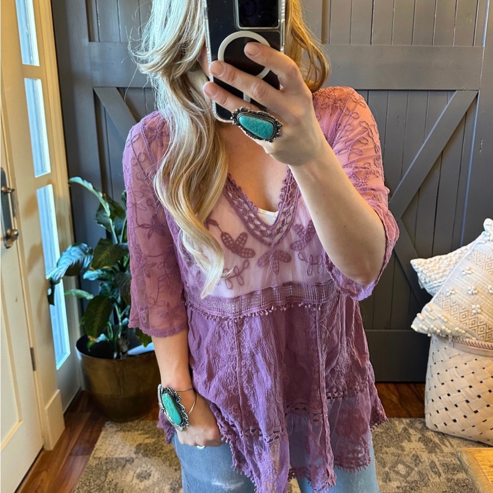 New Lilac Purple Lace Crochet Boho Folk Tunic Blouse Top Cover-Up Womens Shirt